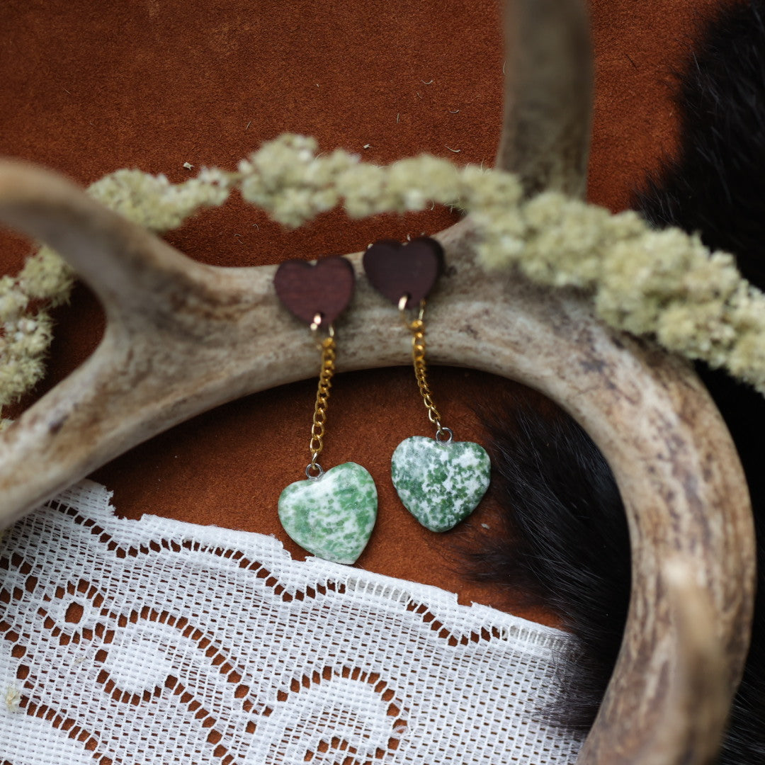 DMD Beadwork Tree Agate Heart Earrings