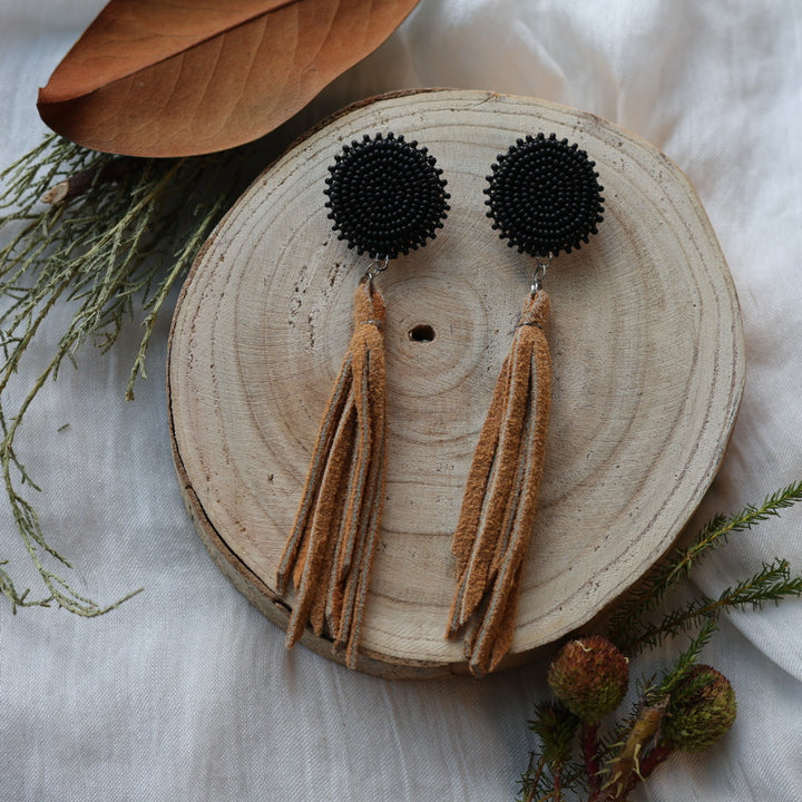 Boreal Forest Beads Simple Beaded Moose Hide Tassel Earrings