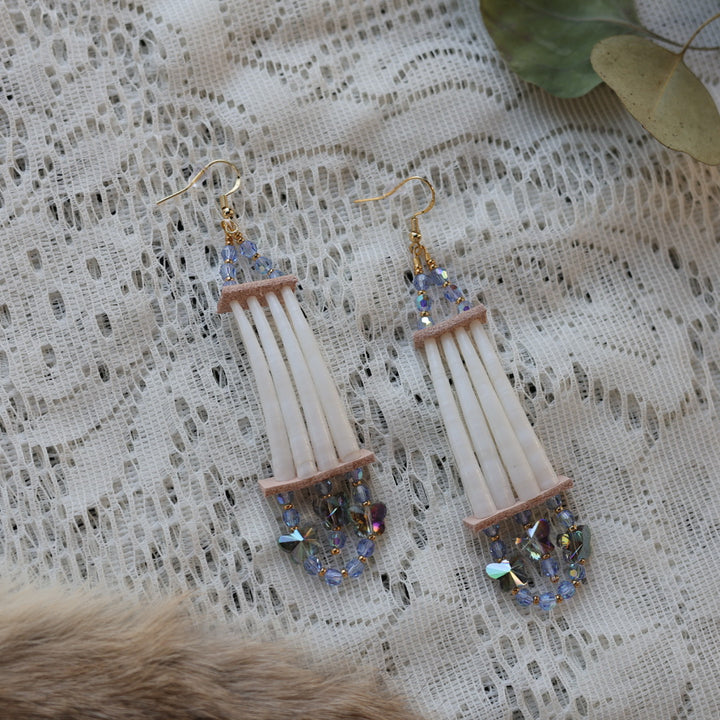 Prairie Sage Beadwork Dentalium & Blue Butterfly Earrings