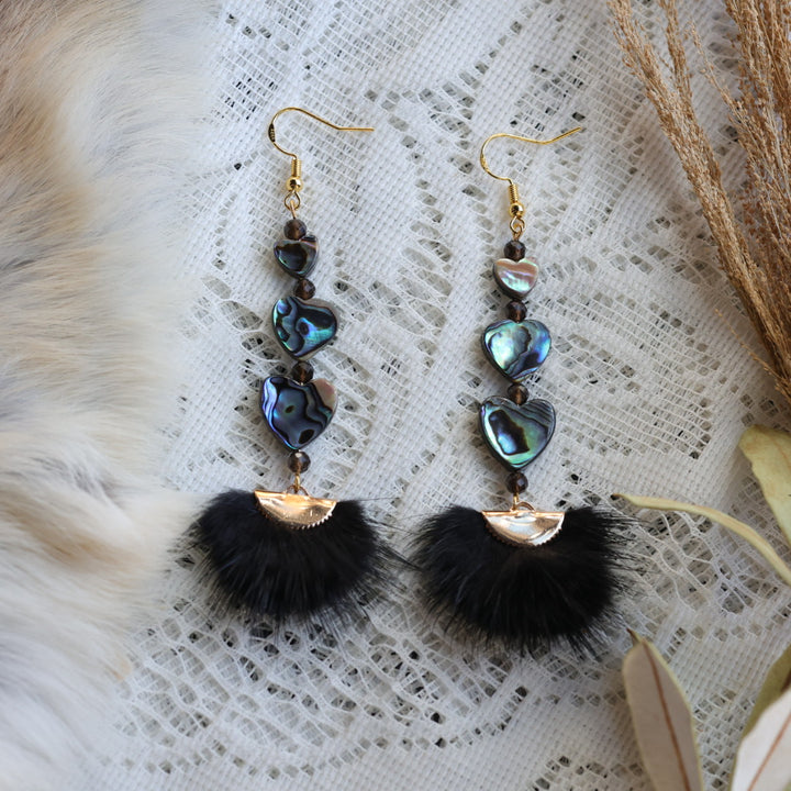 Prairie Sage Beadwork Abalone &amp; Mink Fur Drop Earrings