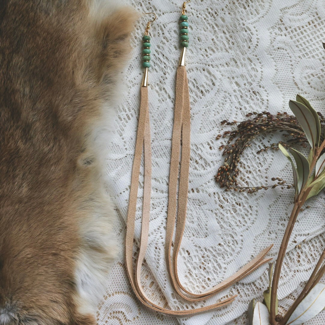 Prairie Sage Beadwork Peruvian Turquoise & Deer Hide Tassel Earrings