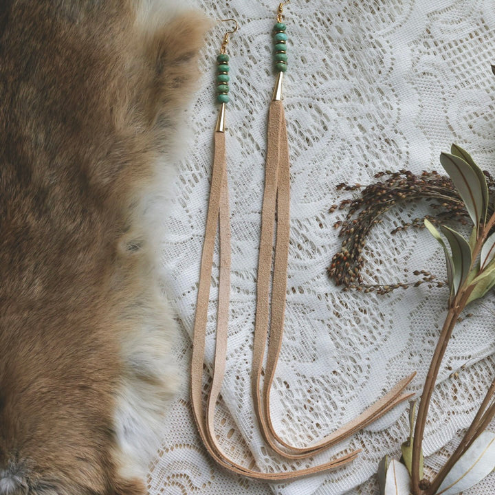 Prairie Sage Beadwork Peruvian Turquoise & Deer Hide Tassel Earrings
