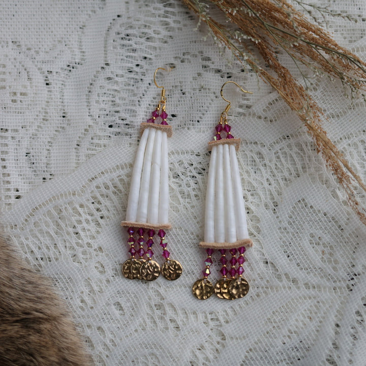 Prairie Sage Beadwork Gold Coin Stacked Dentalium Earrings