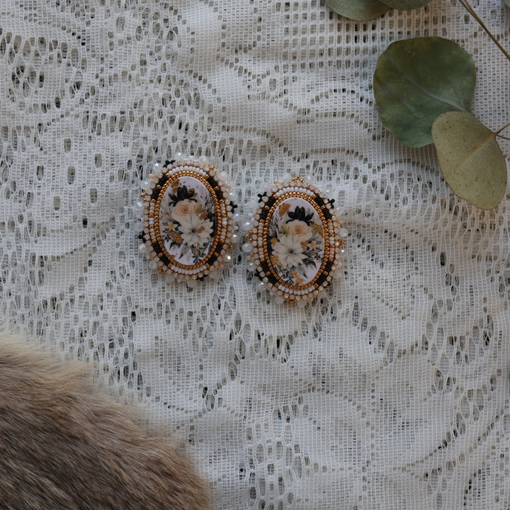 Prairie Sage Beadwork Cream Floral Cab Beaded Earrings