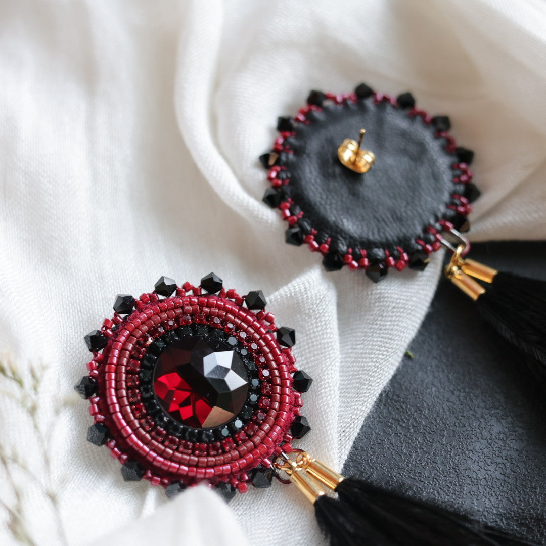 Beth Rose Designs Beaded Burgundy &amp; Feather Earrings