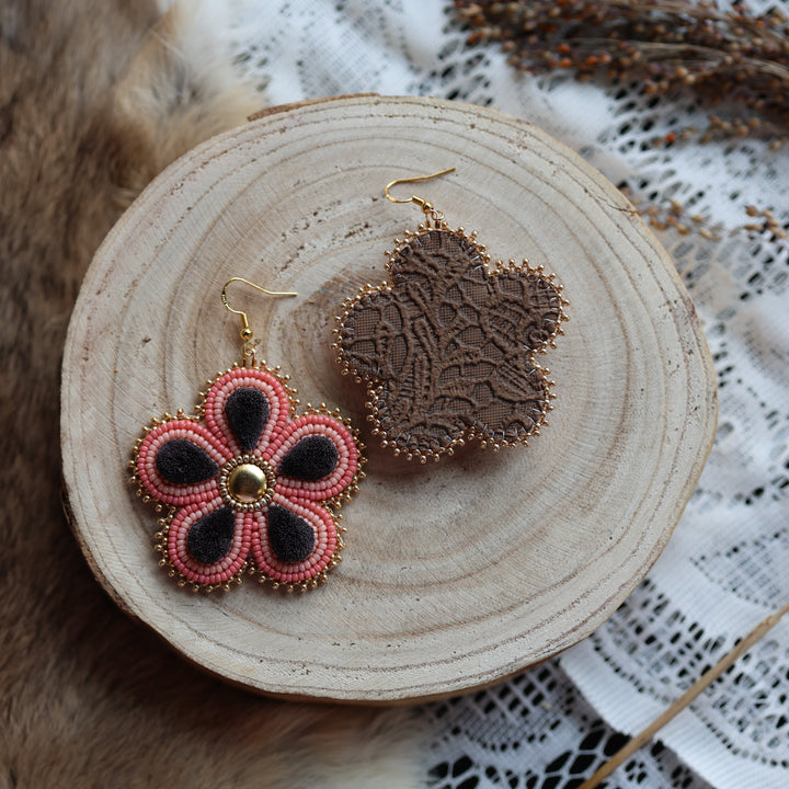 Prairie Sage Beadwork Tufted Pink Floral Earrings