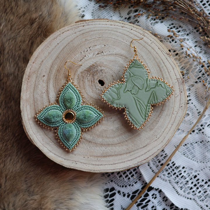 Prairie Sage Beadwork Four Petal Tufted Floral Earrings