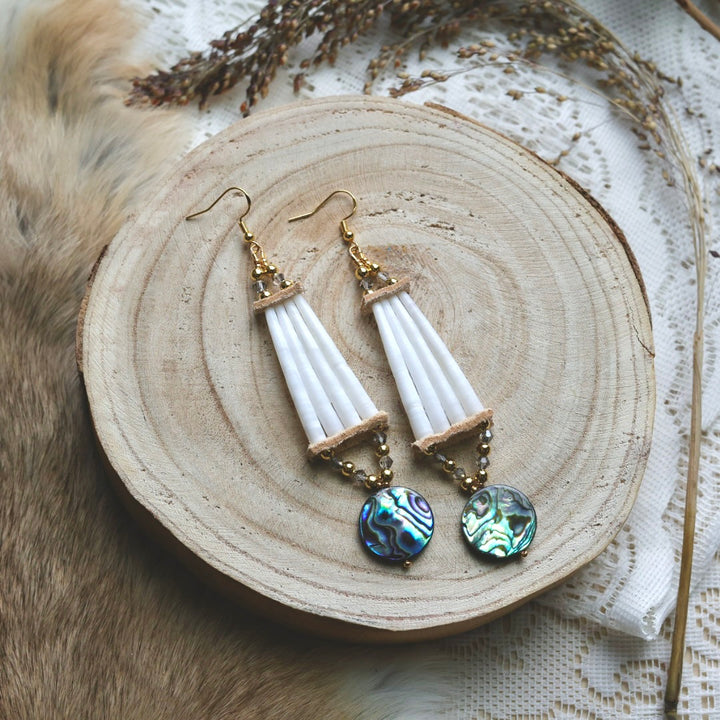 Prairie Sage Beadwork Abalone & Stacked Dentallium Earrings