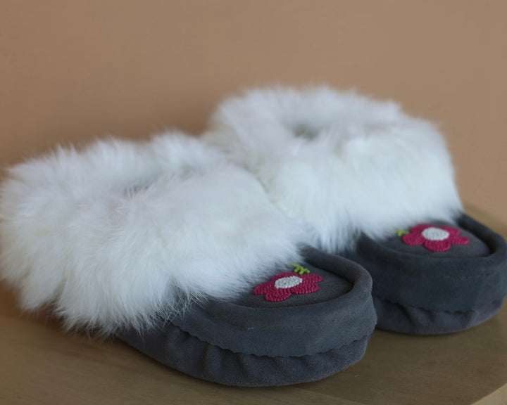Ironstar Co. Grey Moccasins With Pink Flower Detail