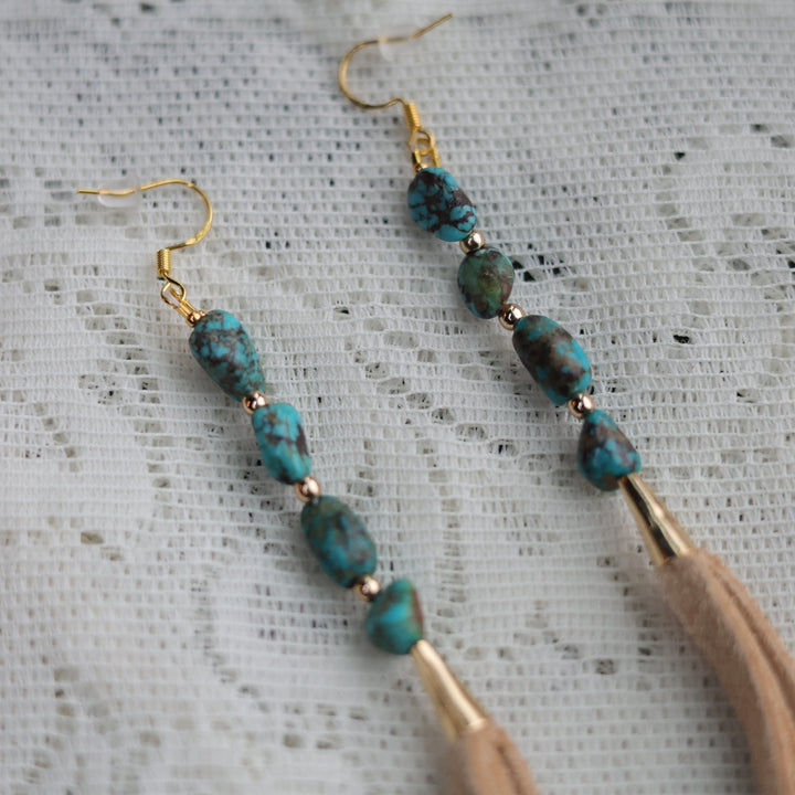 Prairie Sage Beadwork Turquoise & Deerhide Tassel Earrings