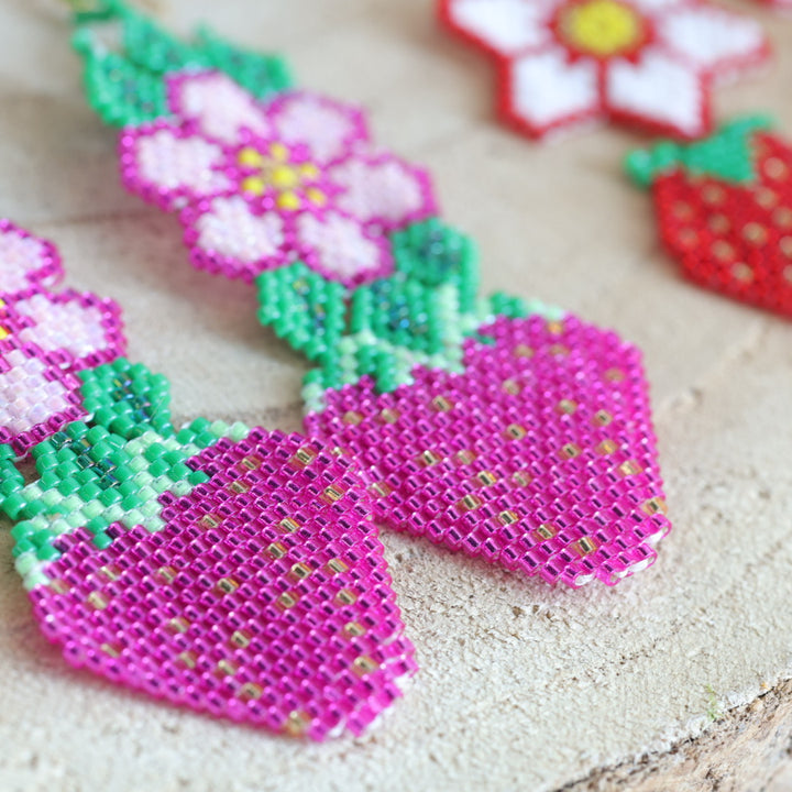 Taelin R Peyote Stitch Red Flower & Strawberry Earrings