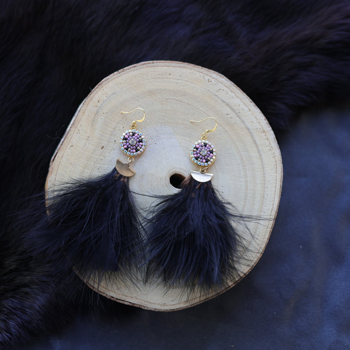 Helen Oro Designs Purple Beaded Feather Drop Earrings