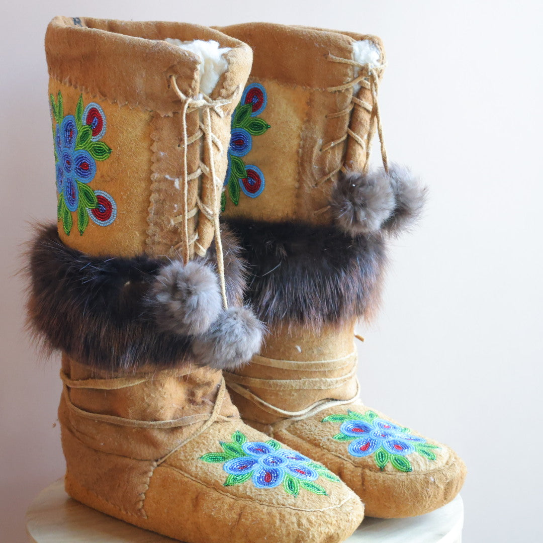 Emily J. Smoked Moose Hide 5 Petal Floral Detail Mukluks