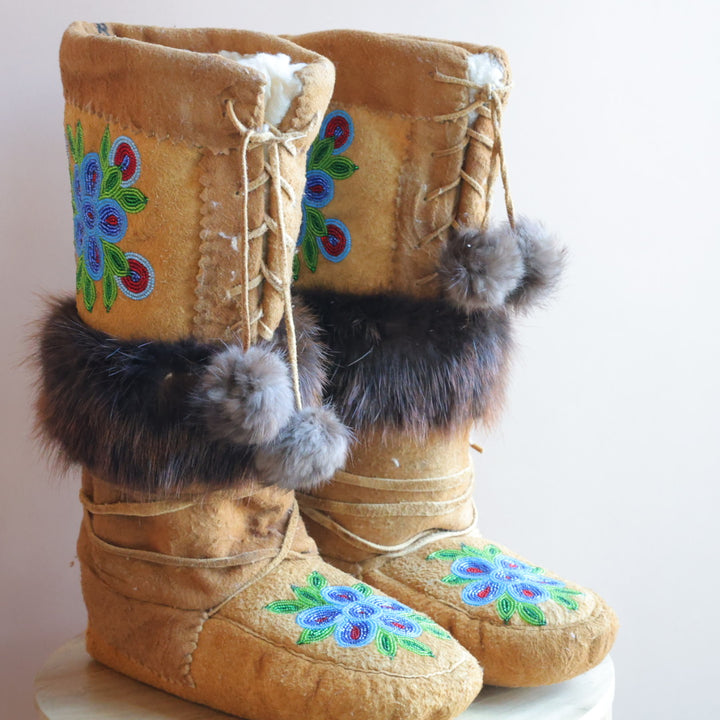 Emily J. Smoked Moose Hide 5 Petal Floral Detail Mukluks