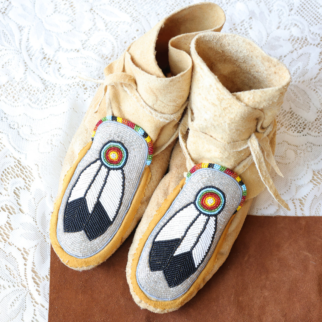 Jeannie A Traditional Smoked Hide Beaded Wraparound Moccasins