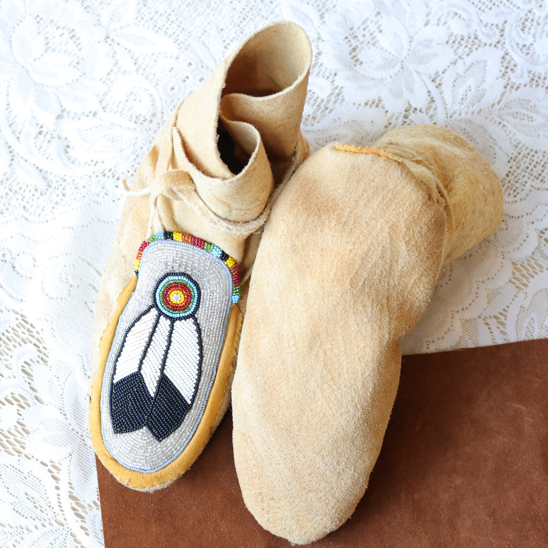 Jeannie A Traditional Smoked Hide Beaded Wraparound Moccasins