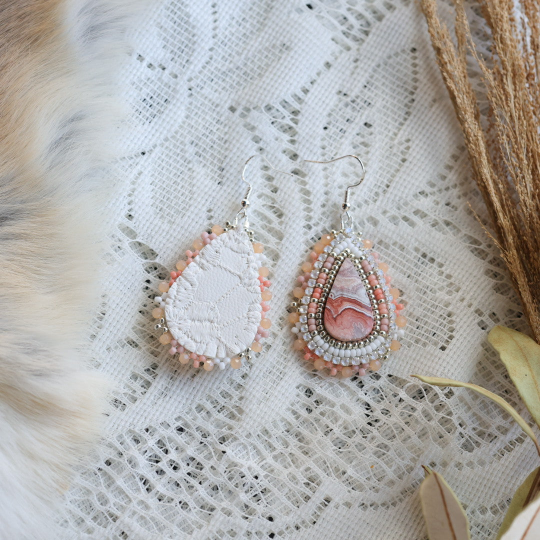 Prairie Sage Beadwork Peach Crazy Lace Agate Teardrop Beaded Earrings