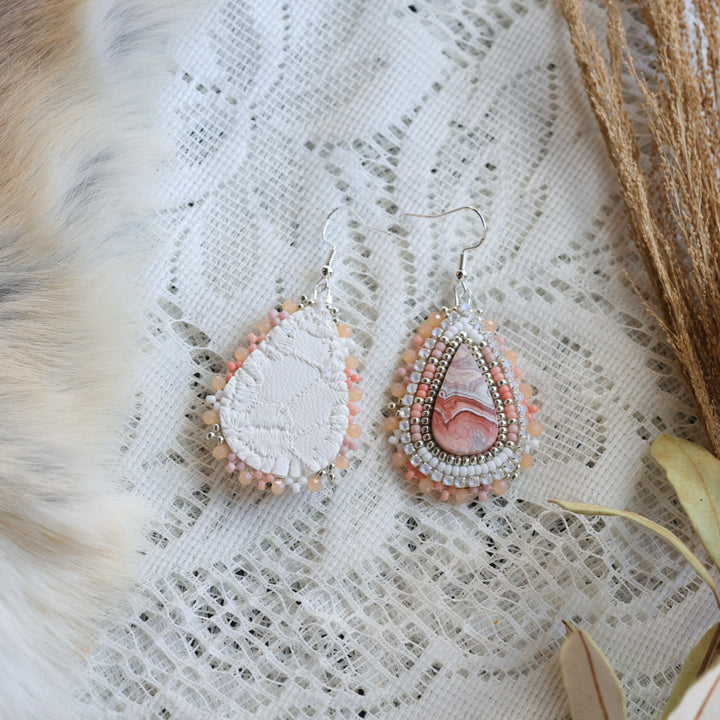 Prairie Sage Beadwork Peach Crazy Lace Agate Teardrop Beaded Earrings
