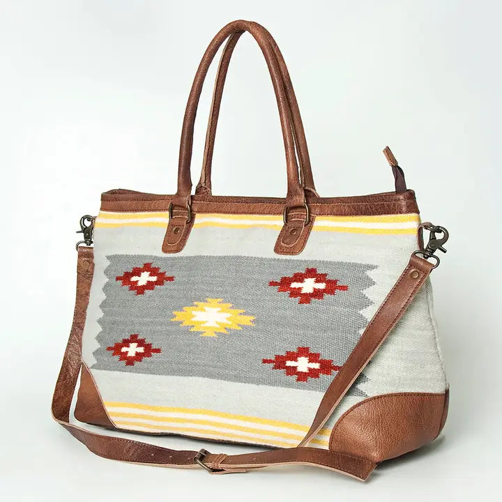 LS Western Grey Wool &amp; Leather Oversized Weekender Tote