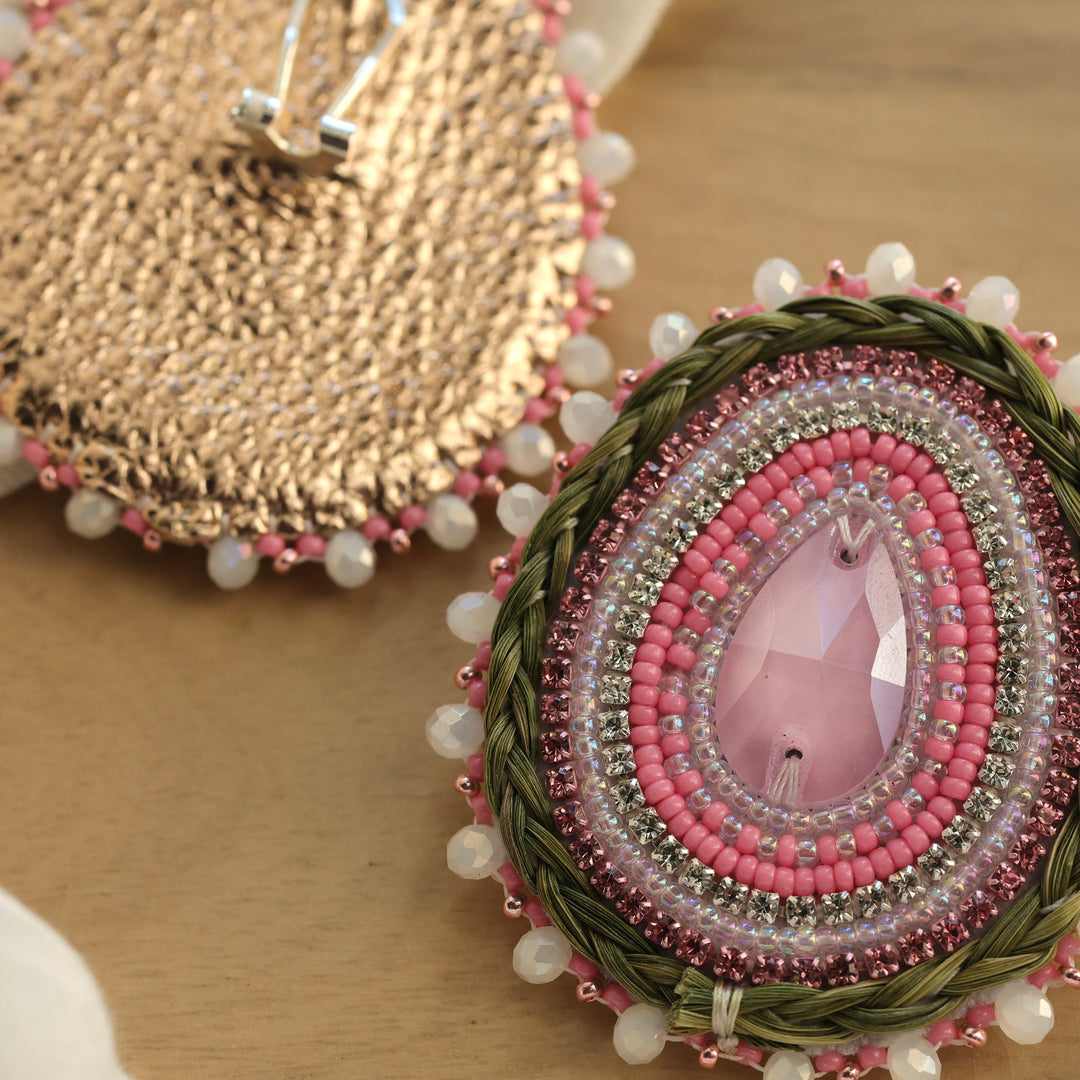 Nikki P. Braided Sweetgrass Pink Teardrop Earrings