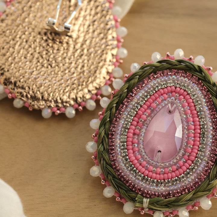 Nikki P. Braided Sweetgrass Pink Teardrop Earrings