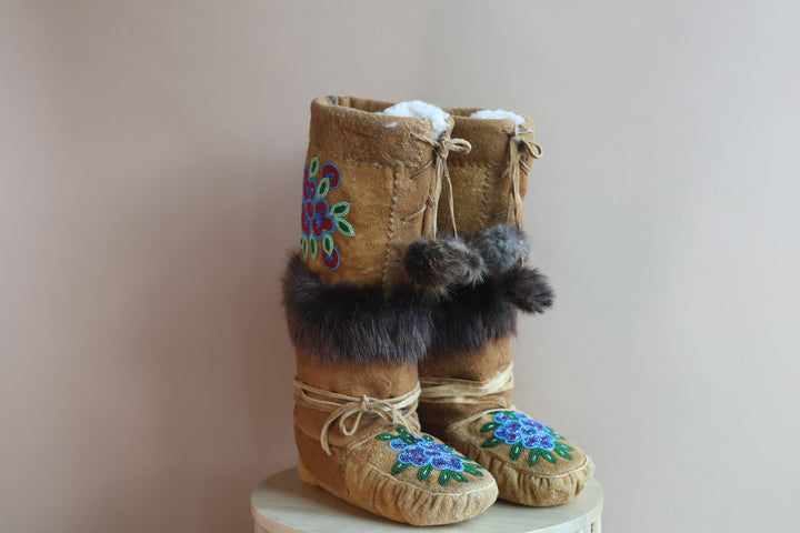 Emily J. Smoked Moose Hide 3 Petal Floral Detail Mukluks