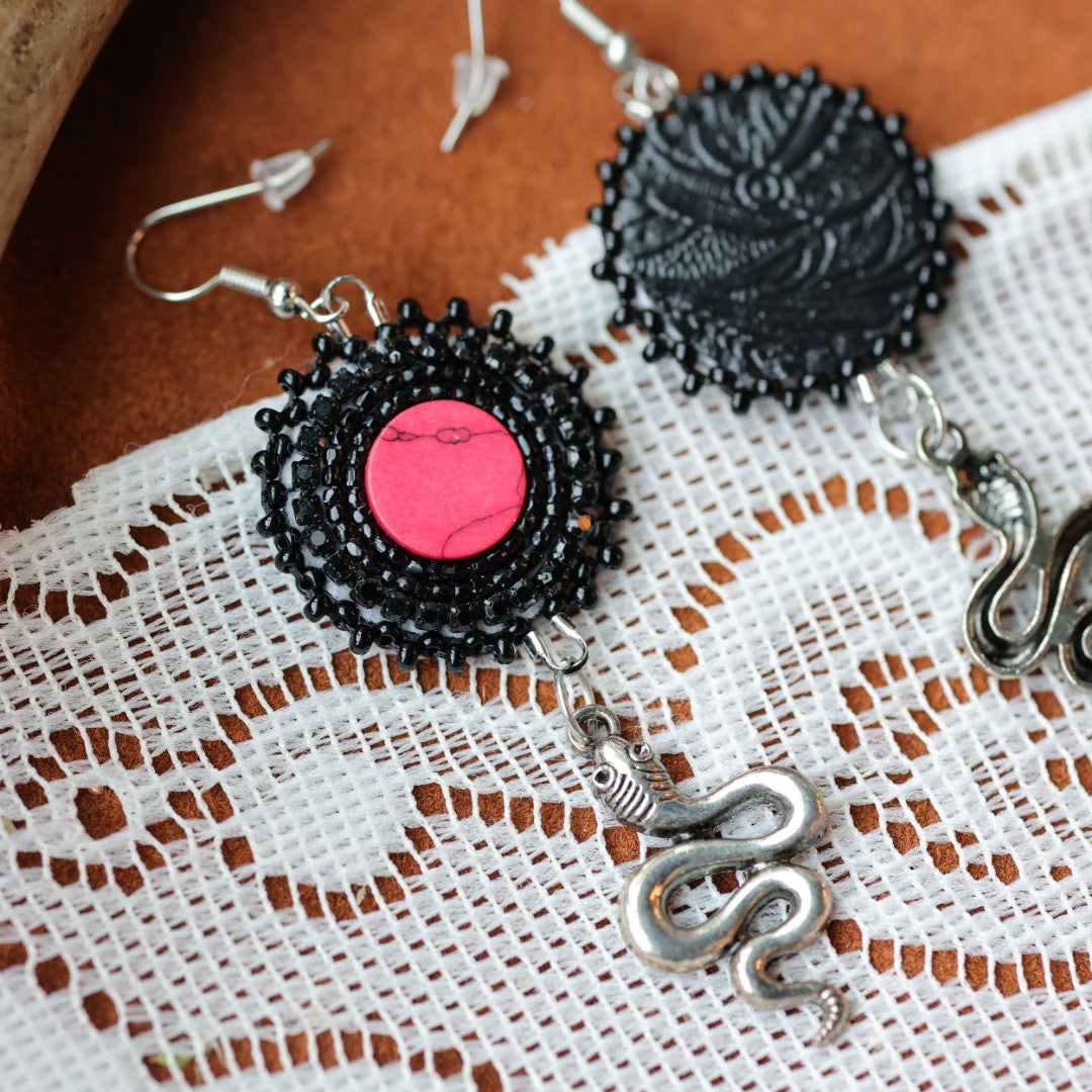 DMD Beadwork Black Snake Beaded Earrings