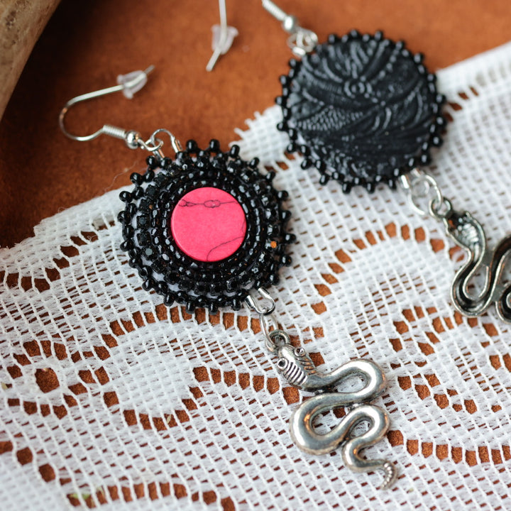 DMD Beadwork Black Snake Beaded Earrings