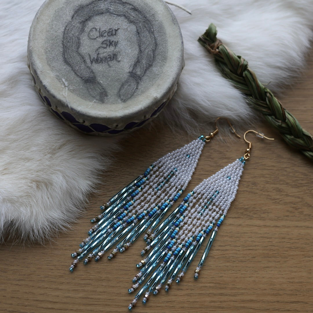 Clear Sky Woman Bugle Fringe Earrings