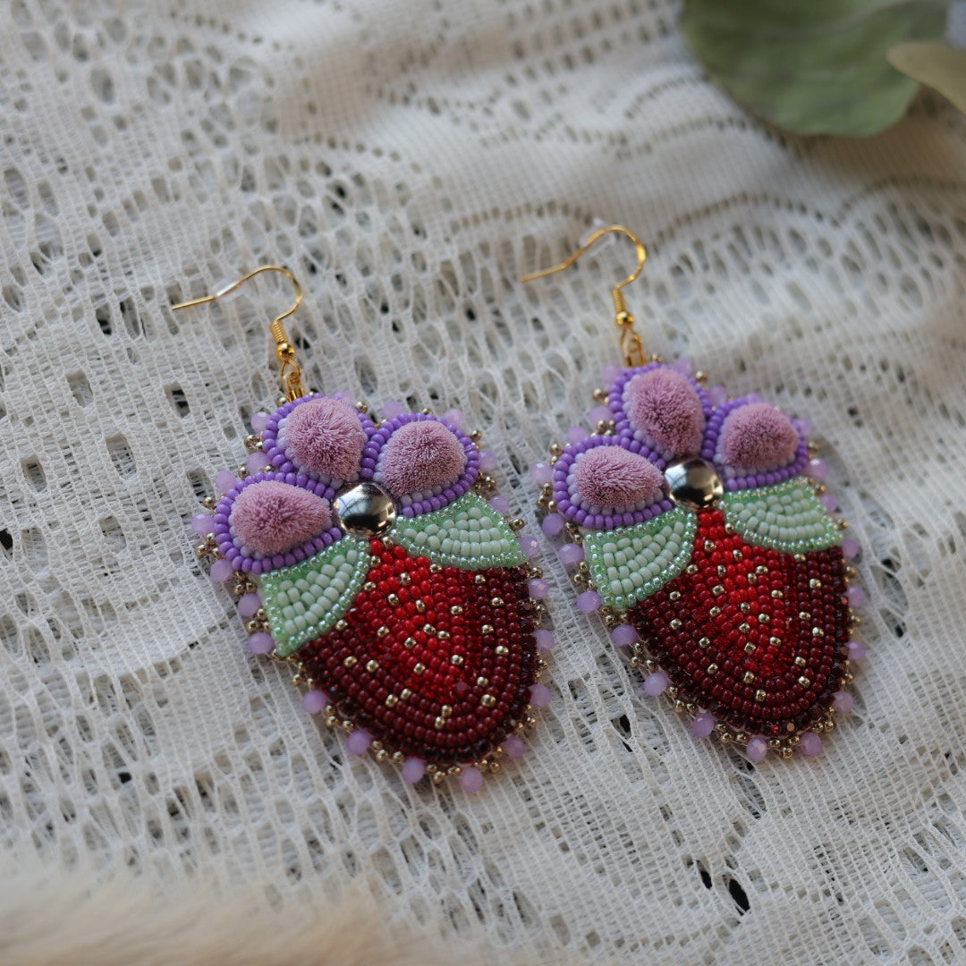 Prairie Sage Beadwork Caribou Tufted Strawberry Blossom Earrings