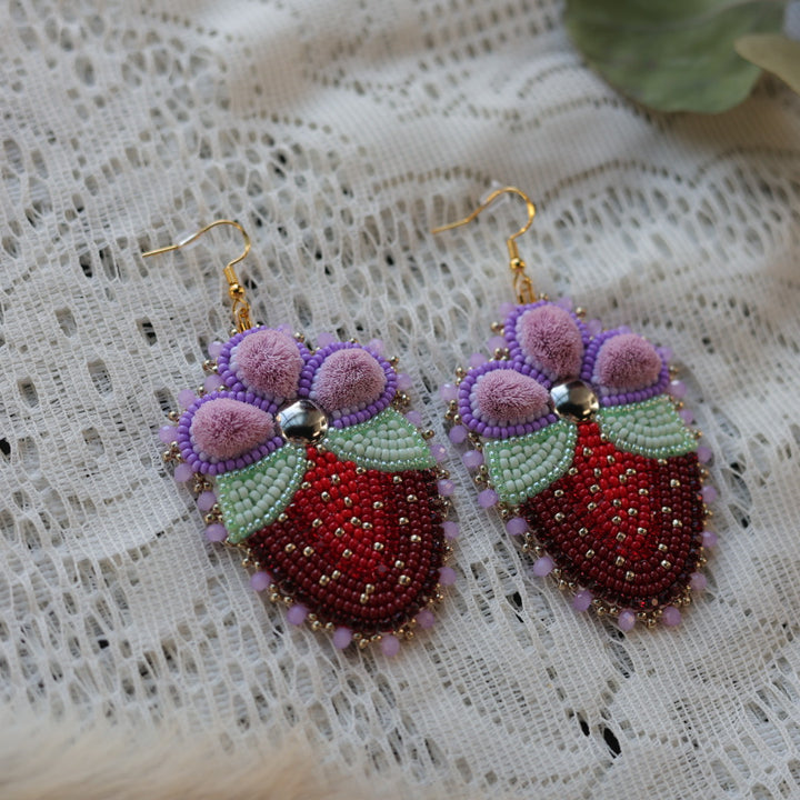 Prairie Sage Beadwork Caribou Tufted Strawberry Blossom Earrings