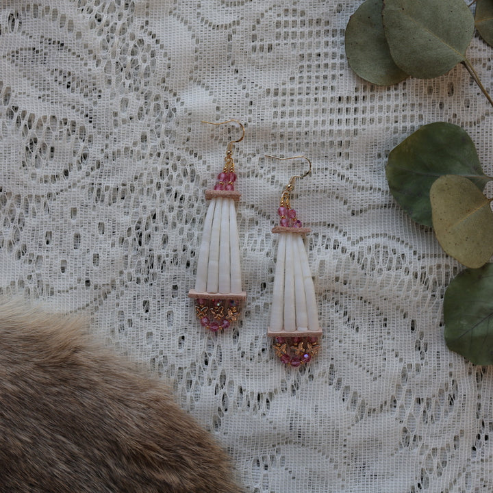 Prairie Sage Beadwork Dentalium & Pink Butterfly Earrings