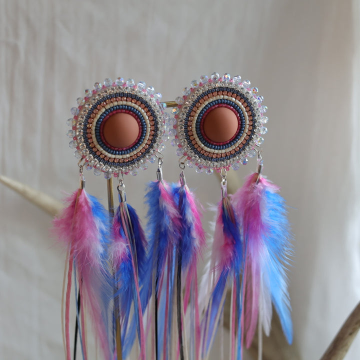 Beaded Blends Pink &amp; Blue Beaded Statement Feather Earrings