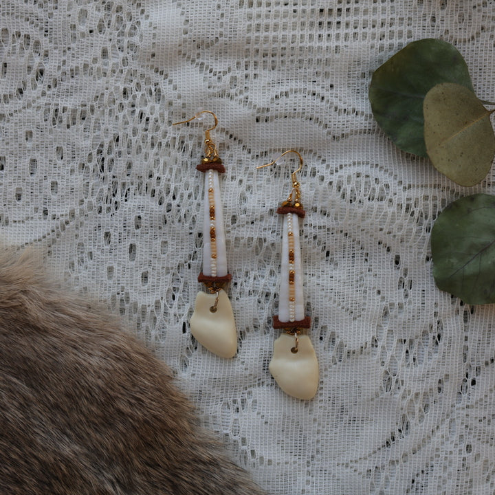 Prairie Sage Beadwork Dentalium & Imitation Elk Ivory Drop Earring