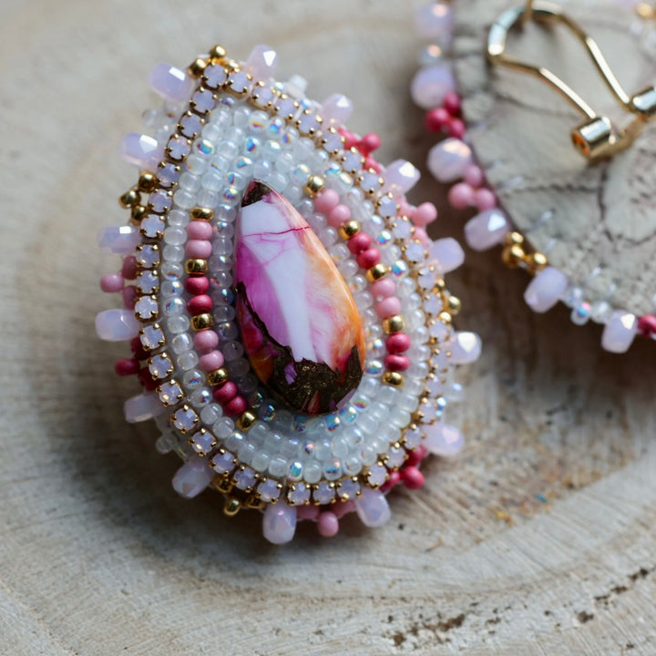 Prairie Sage Beadwork Pink Mojave Copper Turquoise Teardrop Beaded Earrings