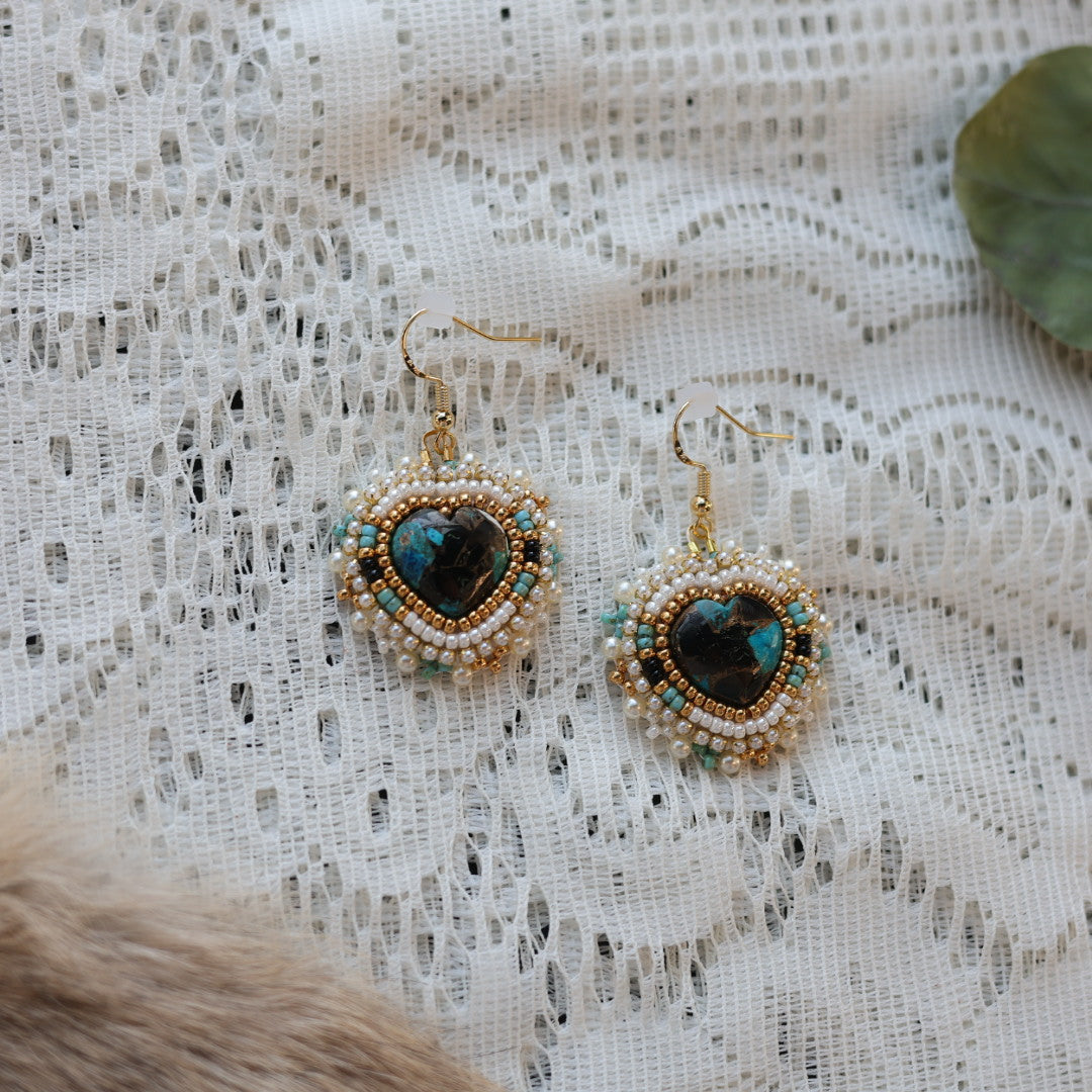 Prairie Sage Beadwork White Buffalo Turquoise Heart Beaded Earrings