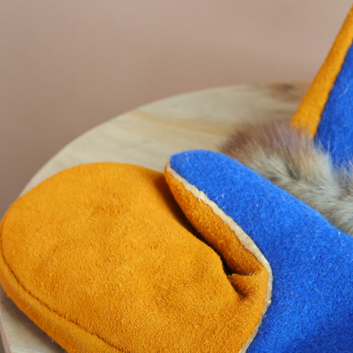 Emily J. Blue Felt & Beaver Pelt Moose Hide Mittens