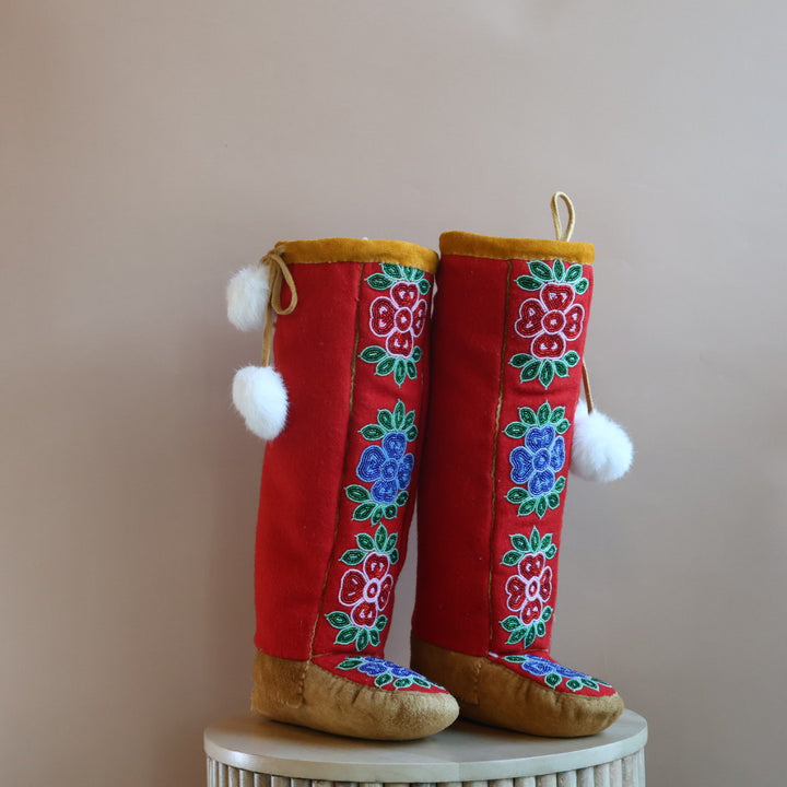 Emily J. Handmade Felt Mukluks with Red and Blue Floral Detail