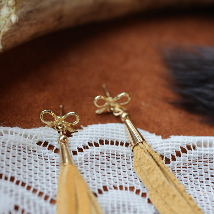 DMD Beadwork Bow Hide Fringe Earrings