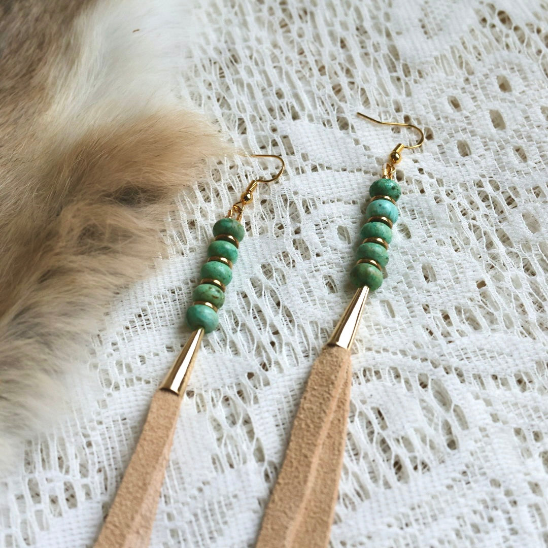 Prairie Sage Beadwork Peruvian Turquoise & Deer Hide Tassel Earrings