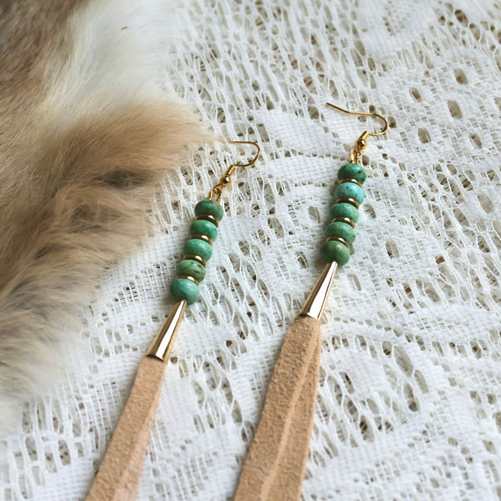 Prairie Sage Beadwork Peruvian Turquoise & Deer Hide Tassel Earrings