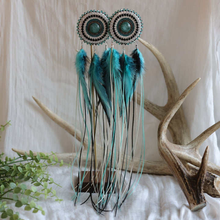 Beaded Blends XL Turquoise Beaded Statement Feather Earrings