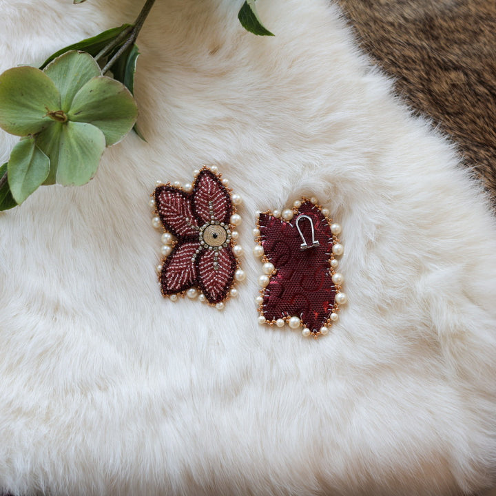 Mercedes G. Burgundy Raised Half Floral Earrings Small