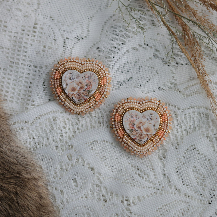 Prairie Sage Beadwork Peachy Floral Beaded Heart Earrings