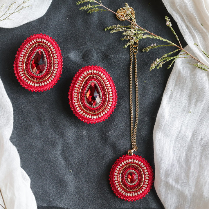 Beth Rose Designs Red Beaded Pendant Necklace &amp; Earrings