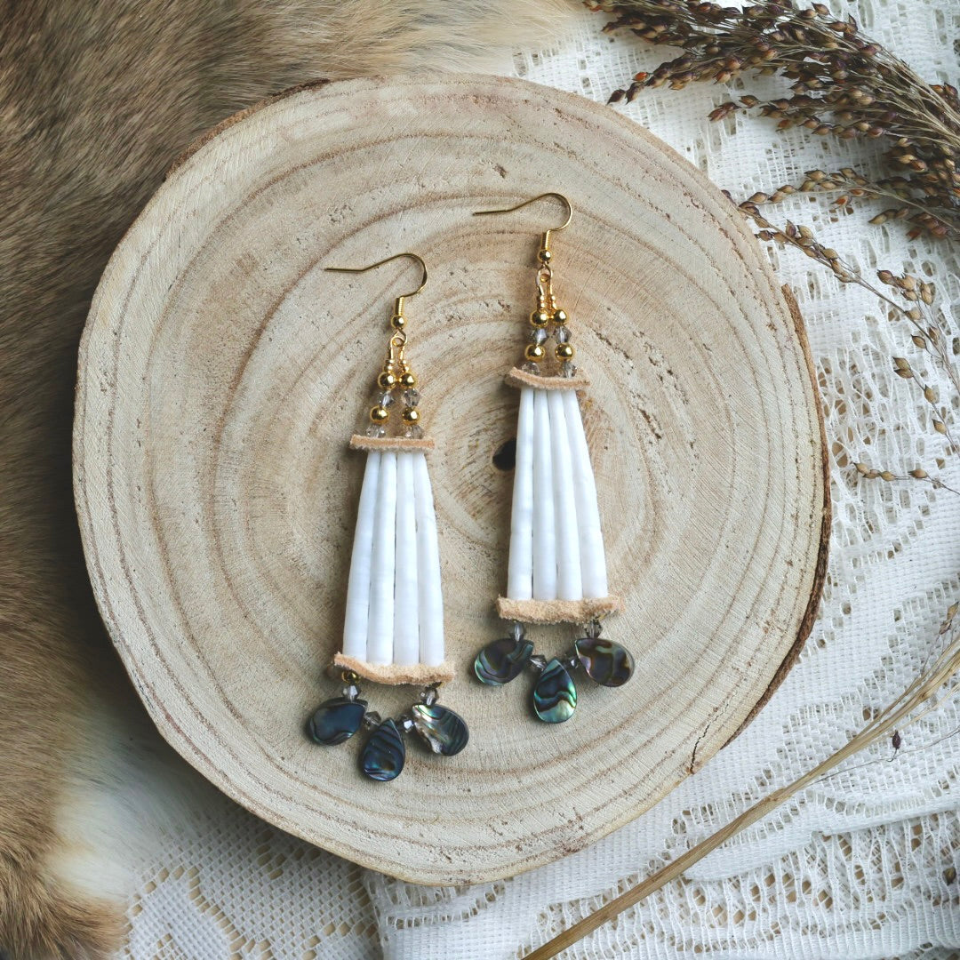 Prairie Sage Beadwork Abalone & Stacked Dentallium Earrings