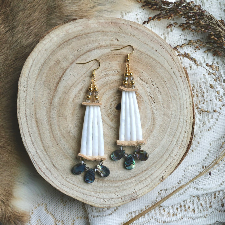 Prairie Sage Beadwork Abalone & Stacked Dentallium Earrings