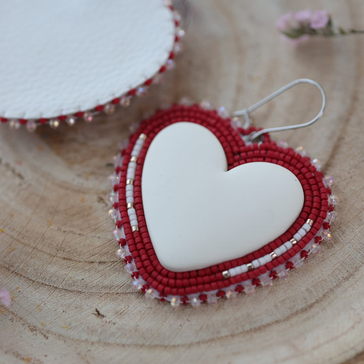 Sweetgrass Woman Creations Cream & Red Heart Beaded Earrings
