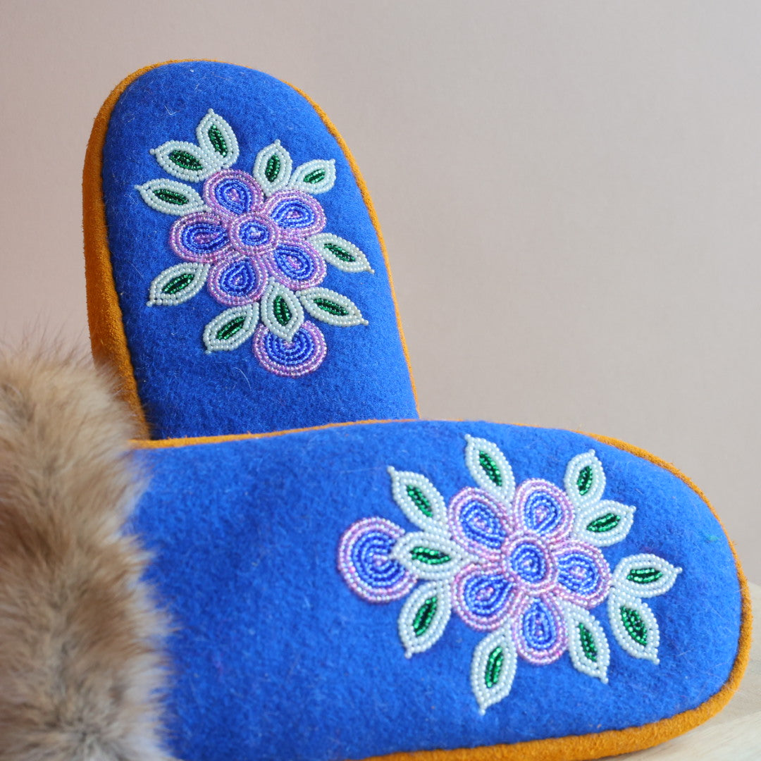 Emily J. Blue Felt & Beaver Pelt Moose Hide Mittens