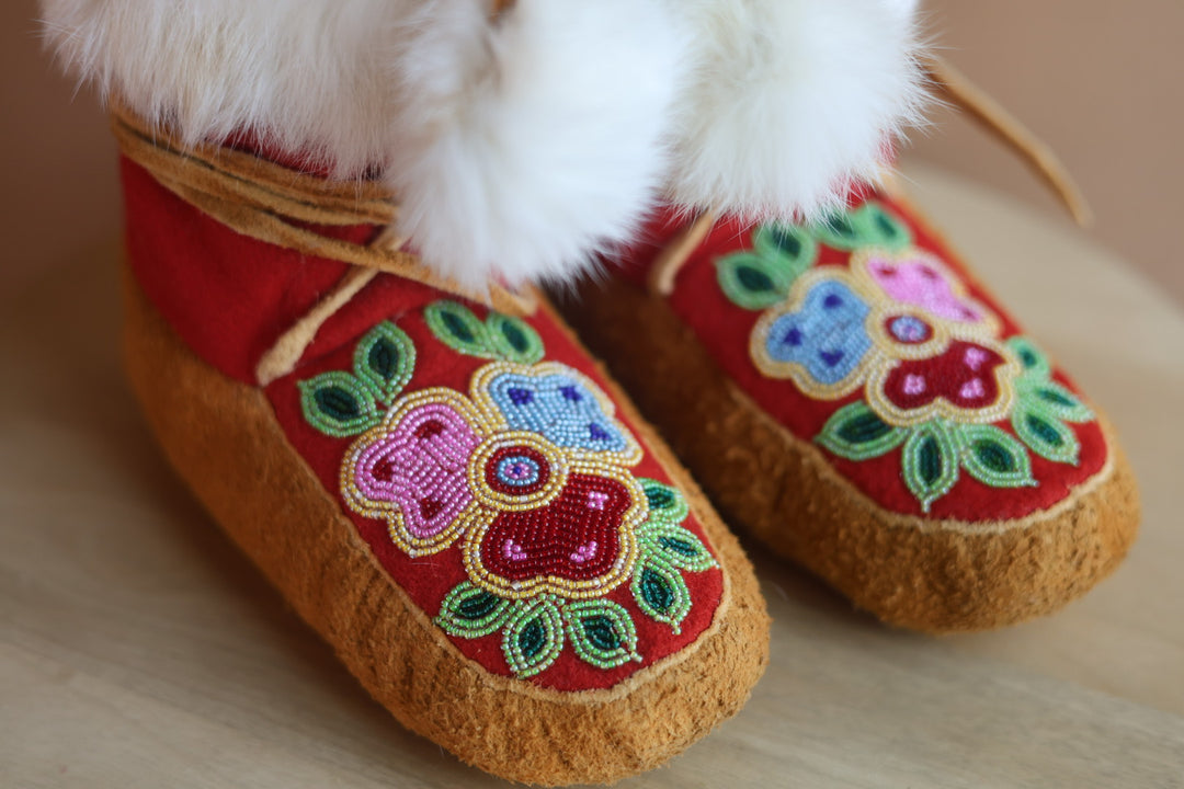 Emily J. Youth Red Felt & Moose Hide Mukluks